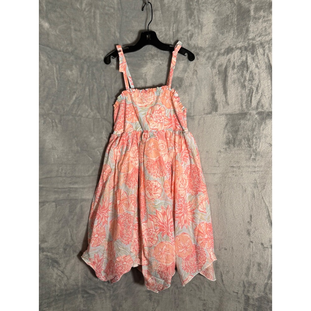 Tommy Bahama Girls Coral Seashell Print Handkerchief Hem Smocked Dress Size 8